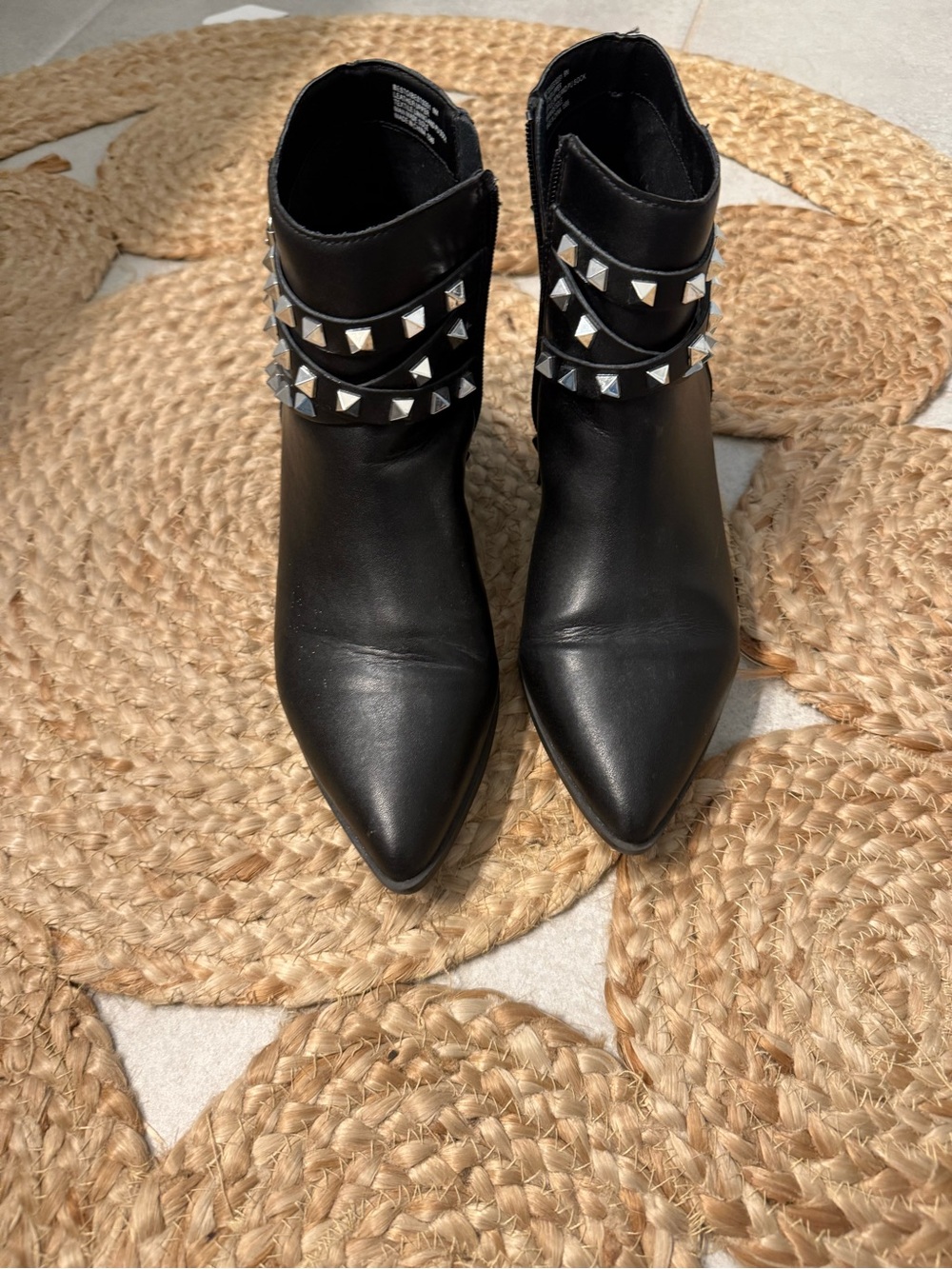 Steve Madden Black Pointed Leather Ankle Booties with Silver Stud Straps
